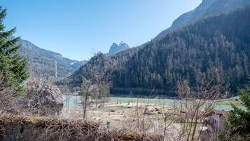 Eine gebirgige Landschaft mit einem Fluss, einem kleinen Gebäude und dichtem Wald.