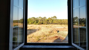 An open window revealing a view of a grassy field with trees in the distance.