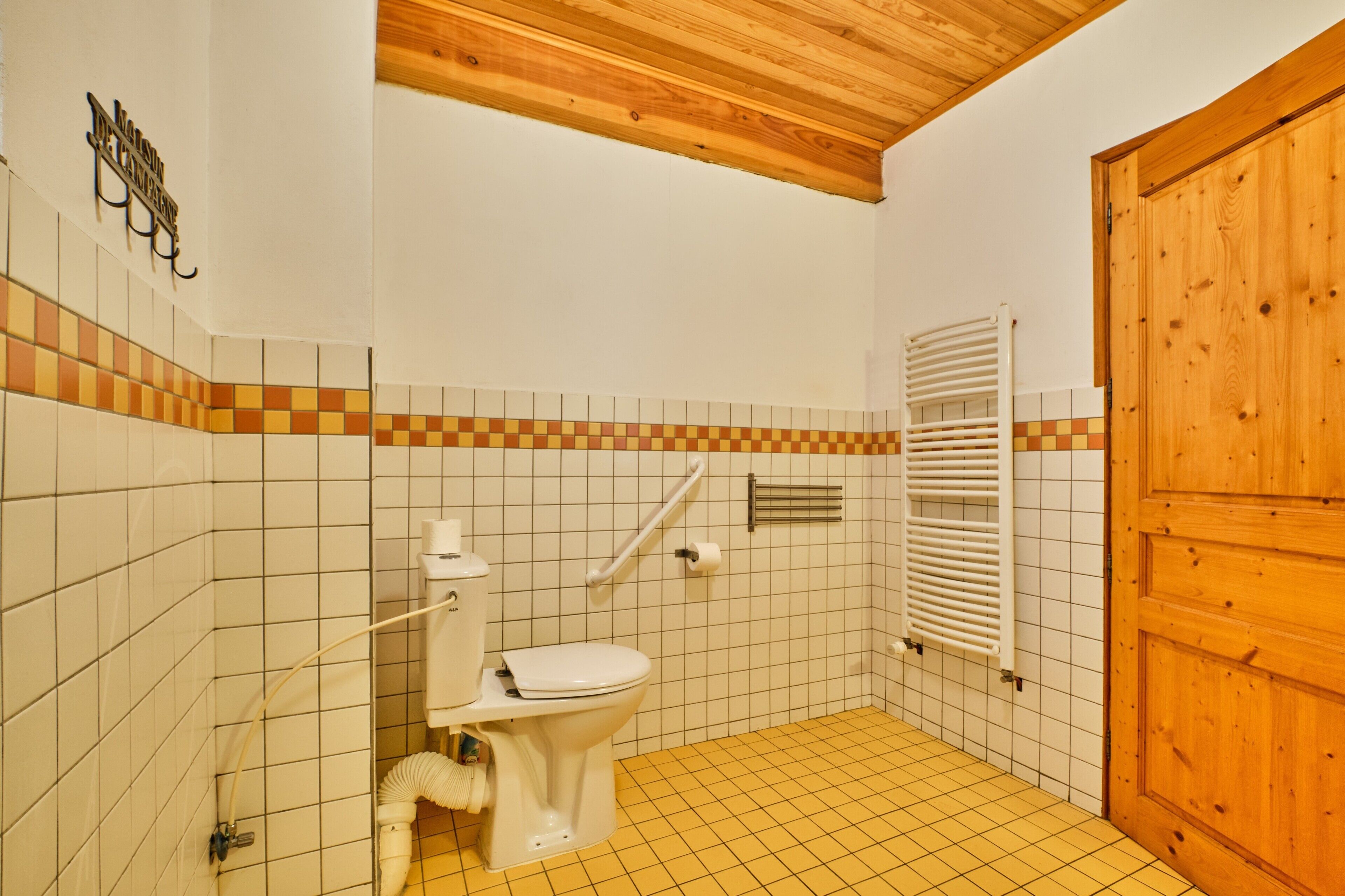 A bathroom with a toilet, a handrail, a towel rack, and a wooden door.