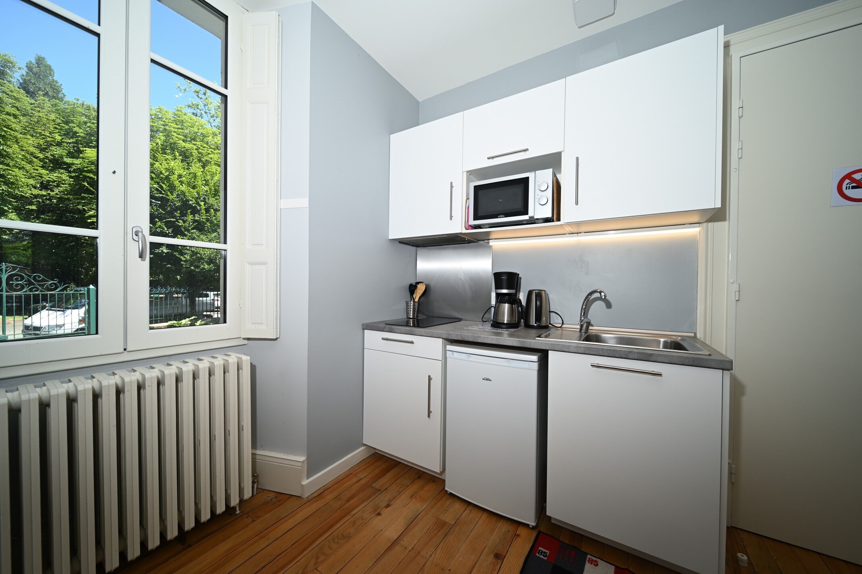 Fridge, microwave, stovetop, coffee/tea maker