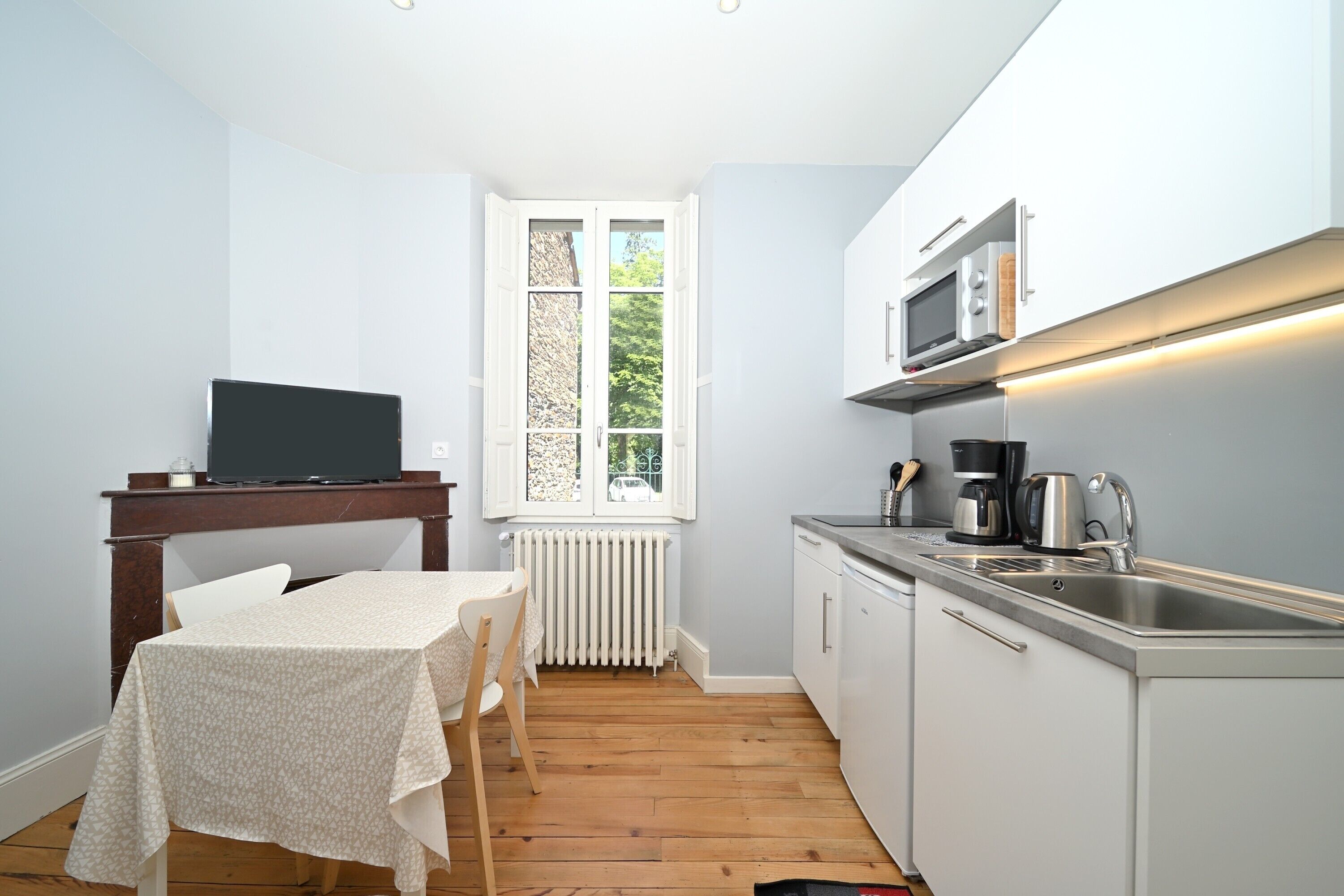 Fridge, microwave, stovetop, coffee/tea maker