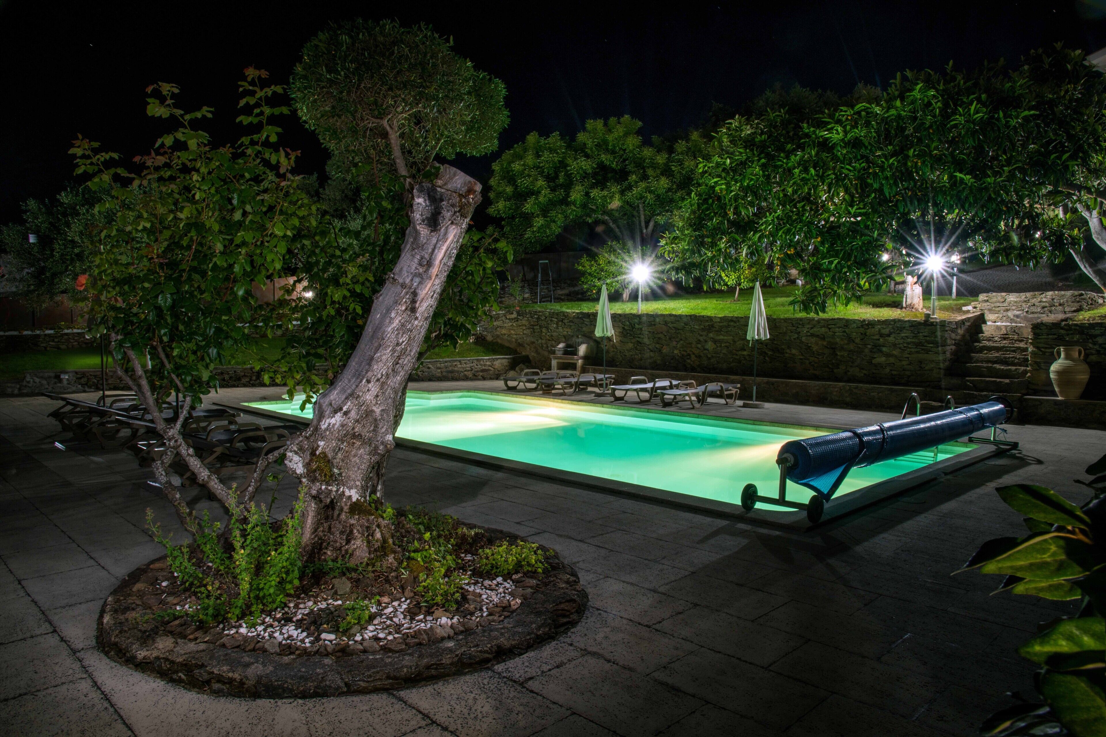 Piscina com espreguiçadeiras e um toboágua, cercada por árvores e muros de pedra.