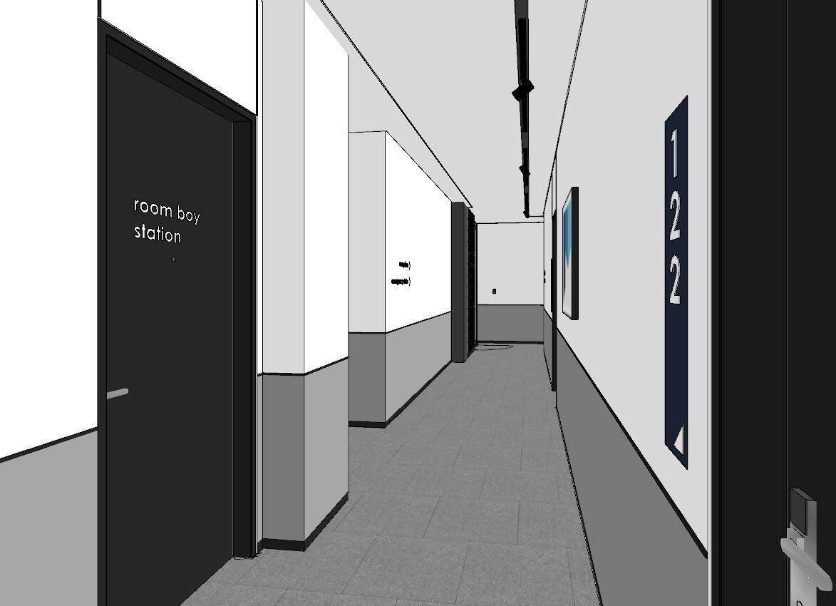 Um corredor com portas identificadas como 'posto de mordomo' e '1 2'.