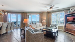 TV, fireplace - Ocean Vistas 1009 Oceanfront 3BD/3BA Condo with huge SE balcony. (Daytona Beach)