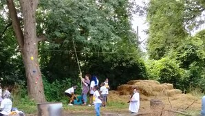 A group of people in an outdoor setting with trees and haystacks. - 5-Acre-Secluded-Farm-Detroit-SwimmingPond-First-Black-Owned-Cider-Mill (Detroit)