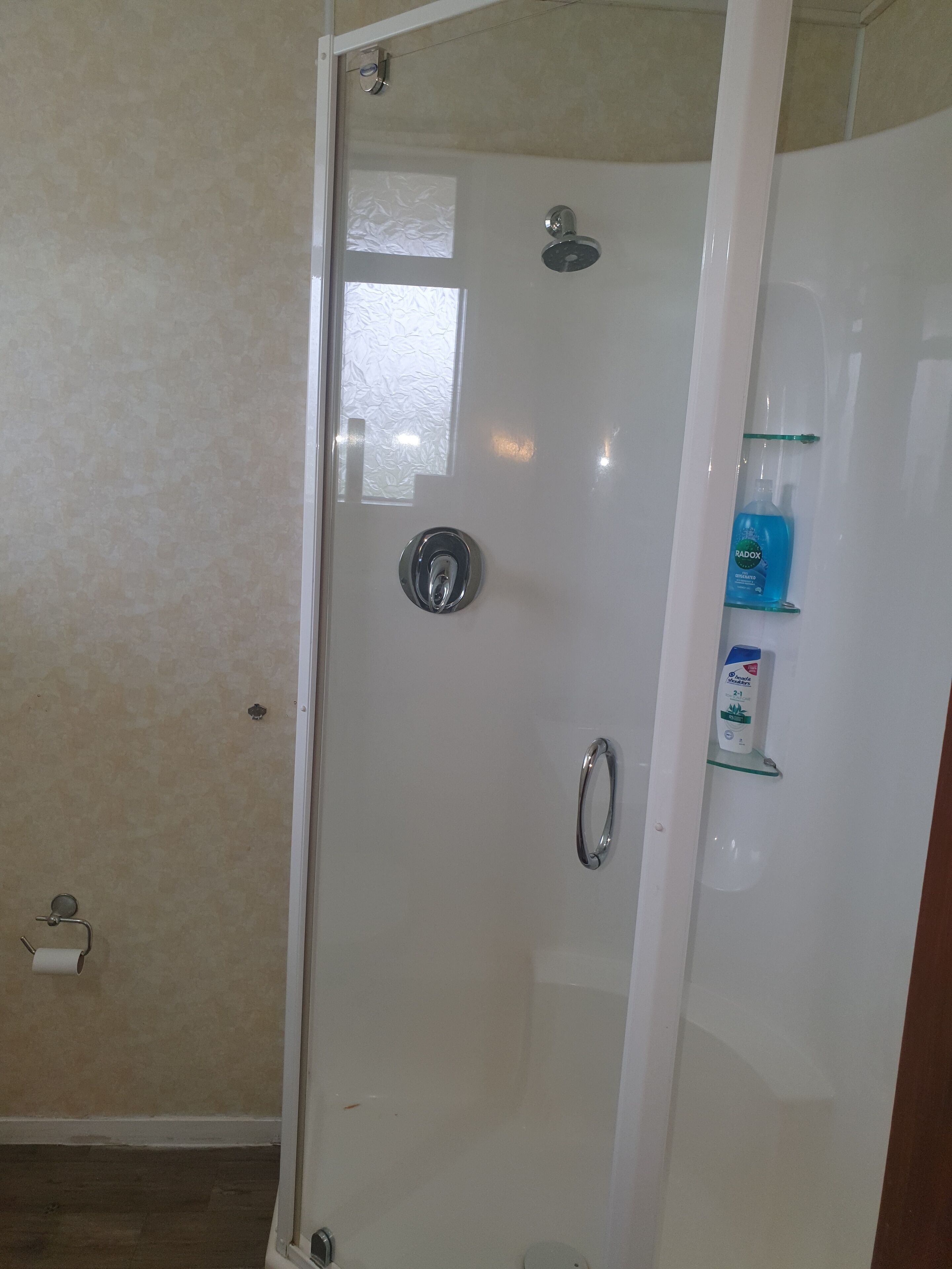 Ducha con mampara de vidrio, grifo de cromo, estante de vidrio con artículos de aseo y un dispensador de papel higiénico a la vista.