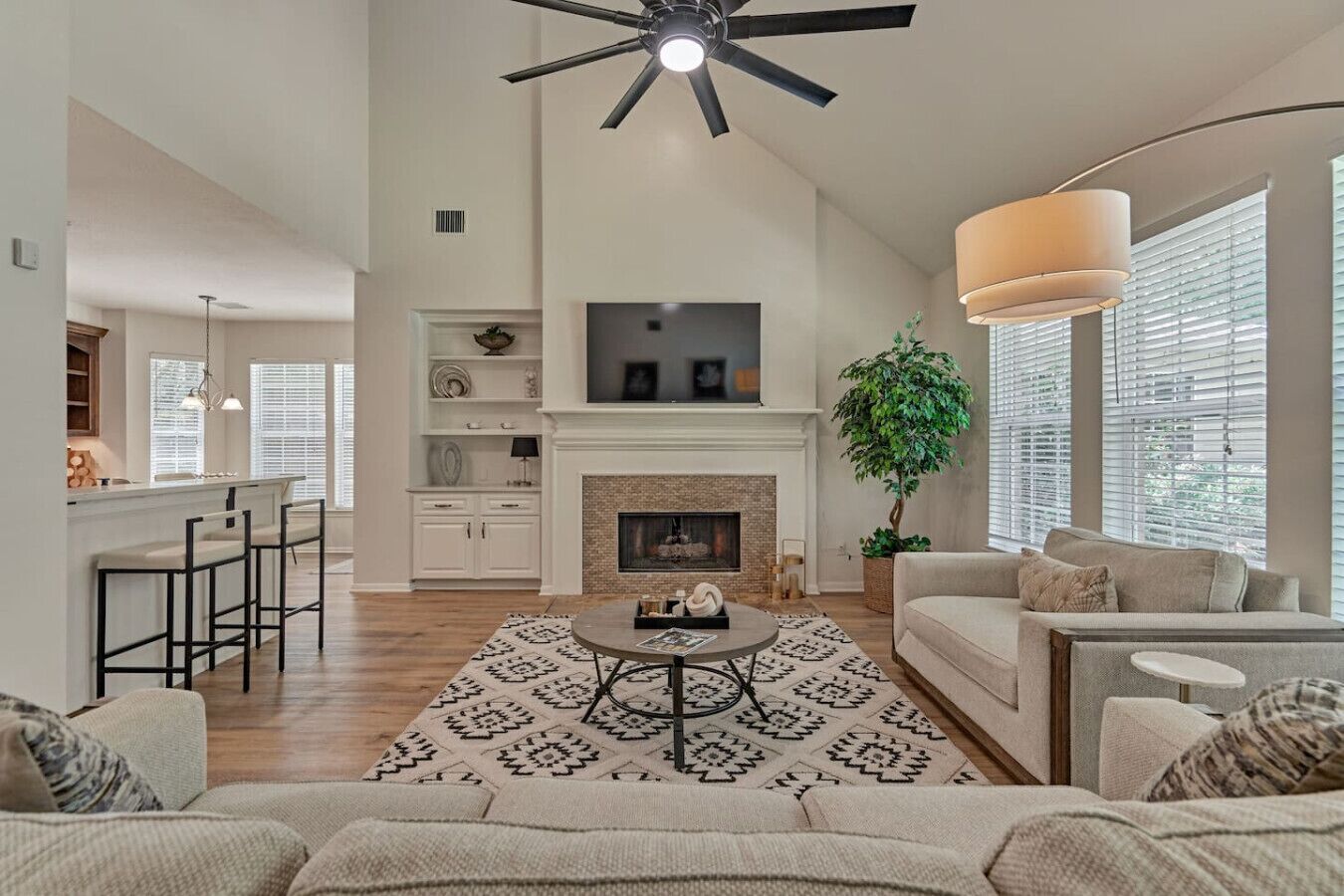 Télévision, cheminée, chaîne hi-fi