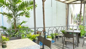 An outdoor patio with tables and chairs, surrounded by potted plants and a metal railing. - Baan Kun Mhor Hostel (Bangkok)