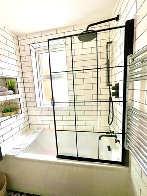 Hair dryer, towels, soap, shampoo