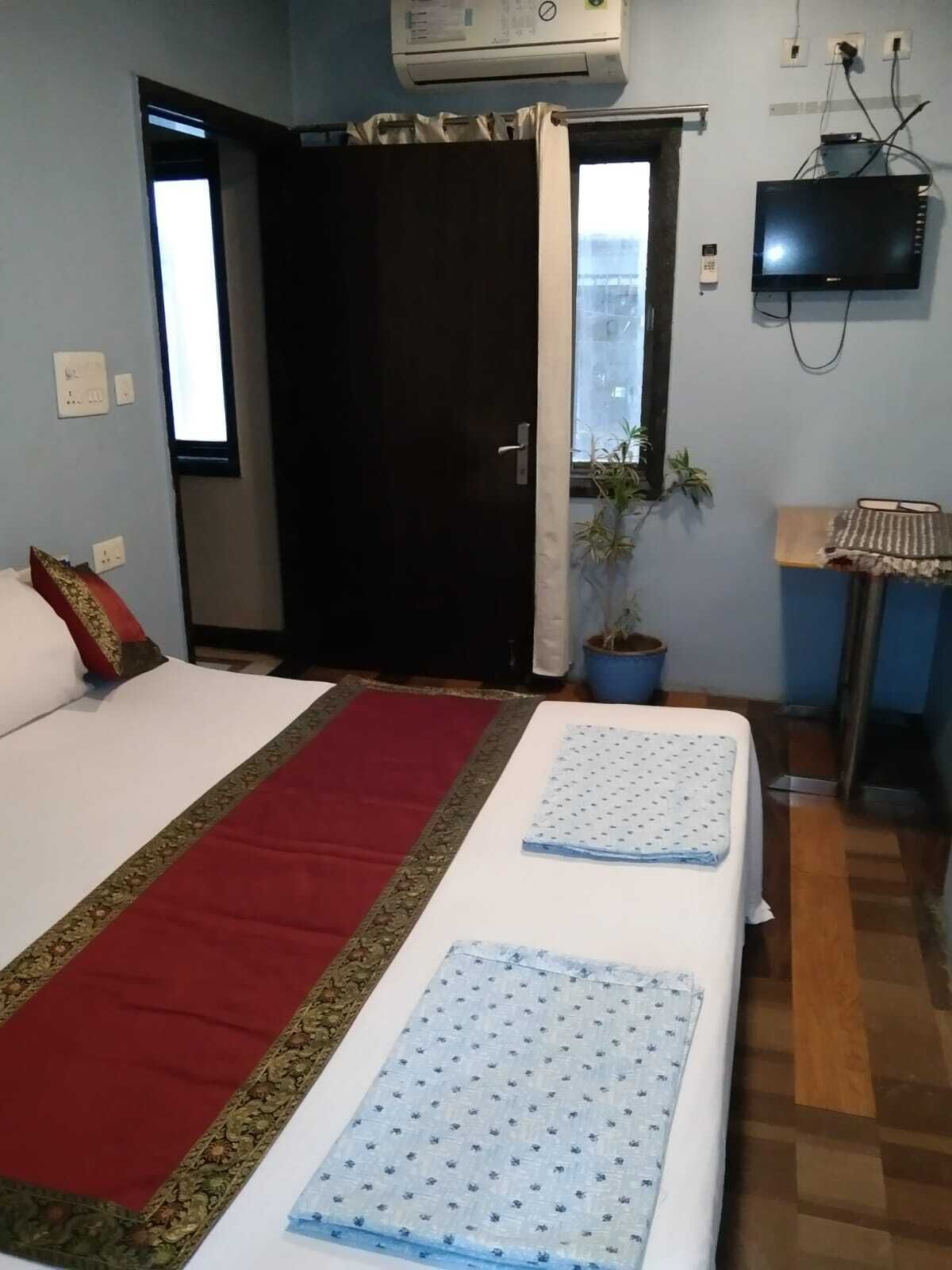 A hotel room with a bed, a TV, a window, and a plant.