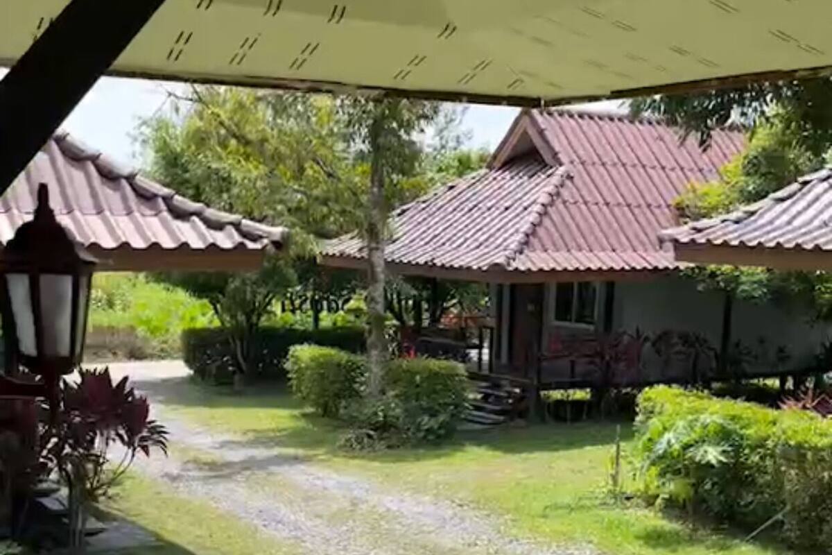 A patio area with a table and chairs, surrounded by a garden with various plants and a building with a red roof in the background.
