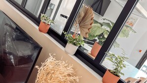 A modern office space with a glass table, potted plants, and a decorative vase with dried grasses. - NEW Duplex Hyper Centre Avec Piscine (Bergerac)