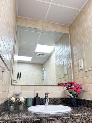 Hair dryer, towels, soap, toilet paper