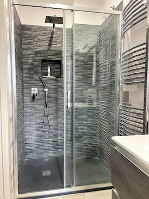 Shower, hair dryer, bidet, towels