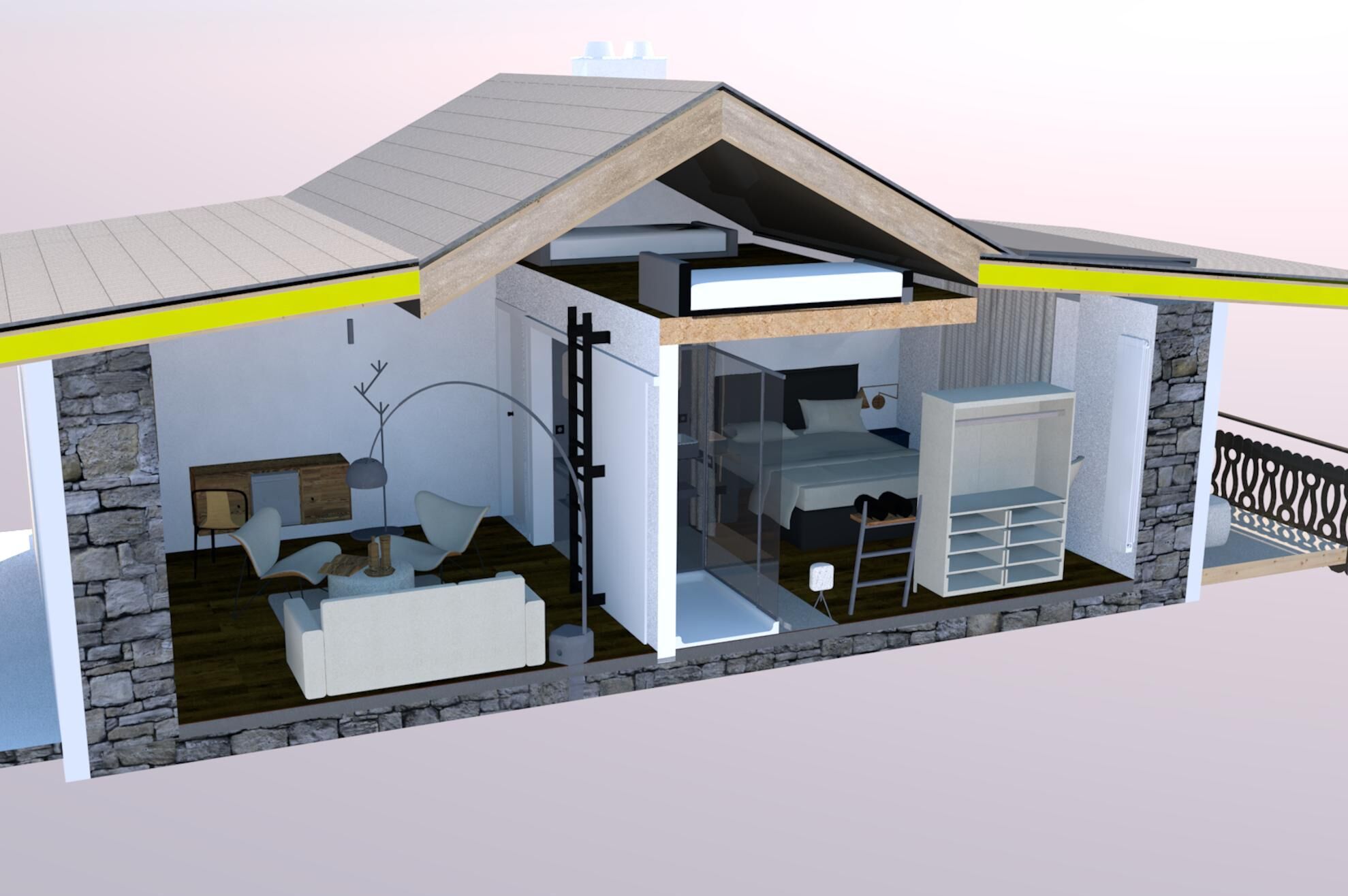 A 3D cutaway of a house with a living room, kitchen, and bedroom.