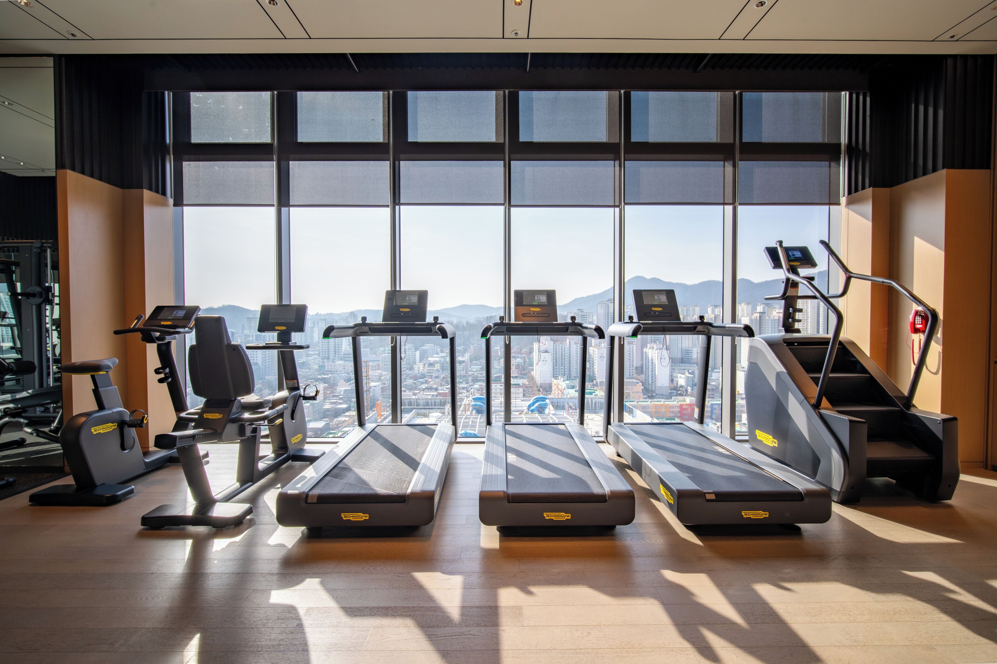 Un gimnasio con cintas de correr, bicicletas estáticas y una escaladora, con vistas a la ciudad a través de grandes ventanales.