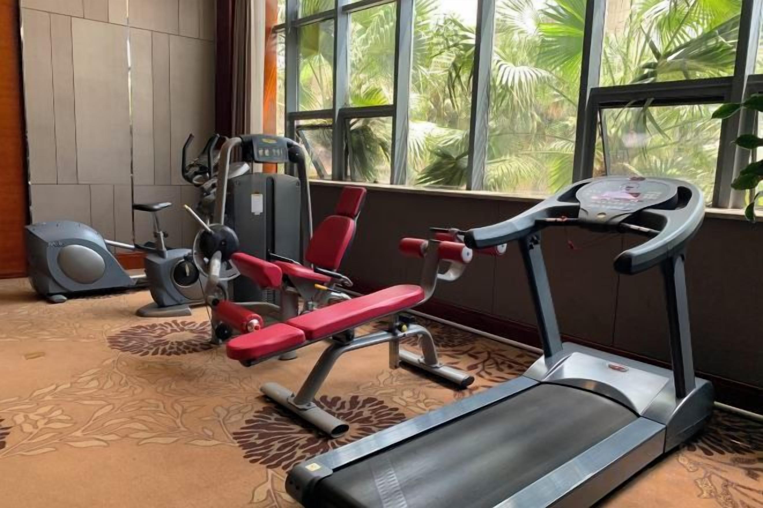 Un gimnasio con equipo de ejercicio, incluyendo una cinta de correr, banco de pesas y bicicleta estática.