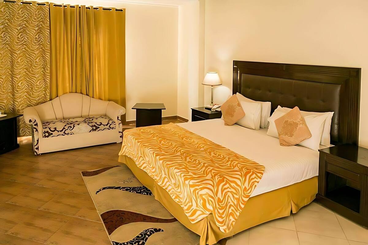 Une chambre d’hôtel avec un lit, un canapé, une table de chevet, une lampe et un tapis à motifs.