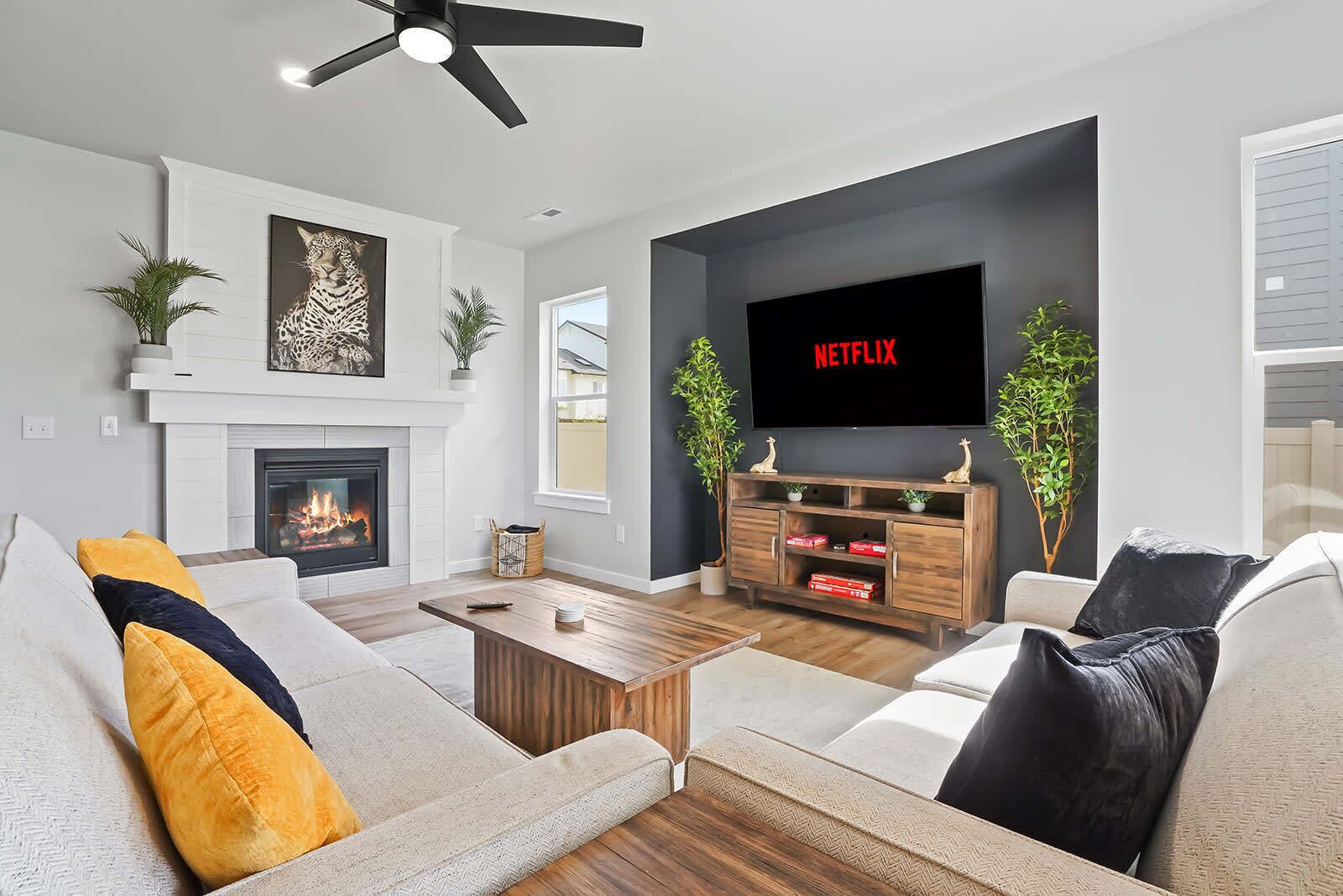 TV, fireplace, offices