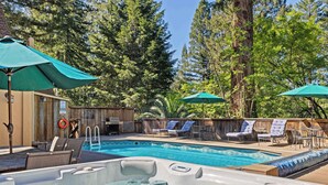 A swimming pool with lounge chairs and umbrellas, surrounded by tall trees.