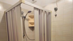 A shower enclosure with a showerhead and hose, a toilet, and a roll of toilet paper on the tank. - Standard room (Lipari)