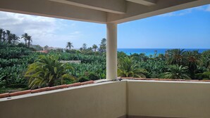 Un balcon offrant une vue sur un paysage tropical et l’océan.