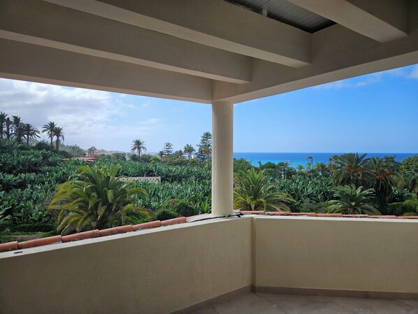 Een balkon met uitzicht op een tropisch landschap en de oceaan.