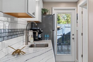 Fridge, microwave, coffee/tea maker, electric kettle