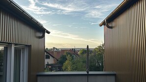 Eine Dachterrasse mit Tisch und Stühlen mit Blick auf ein Wohngebiet mit Häusern und Bäumen.