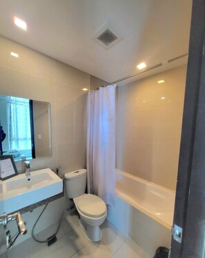 Hair dryer, towels, soap