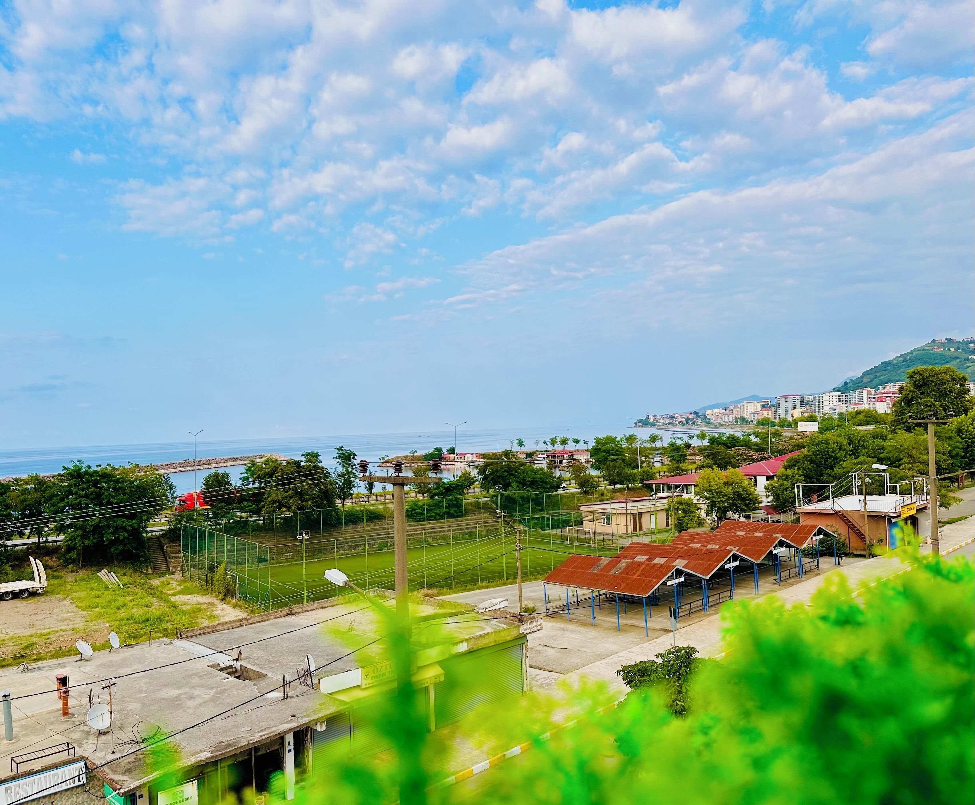 A coastal view with a row of buildings, a road, and a body of water.