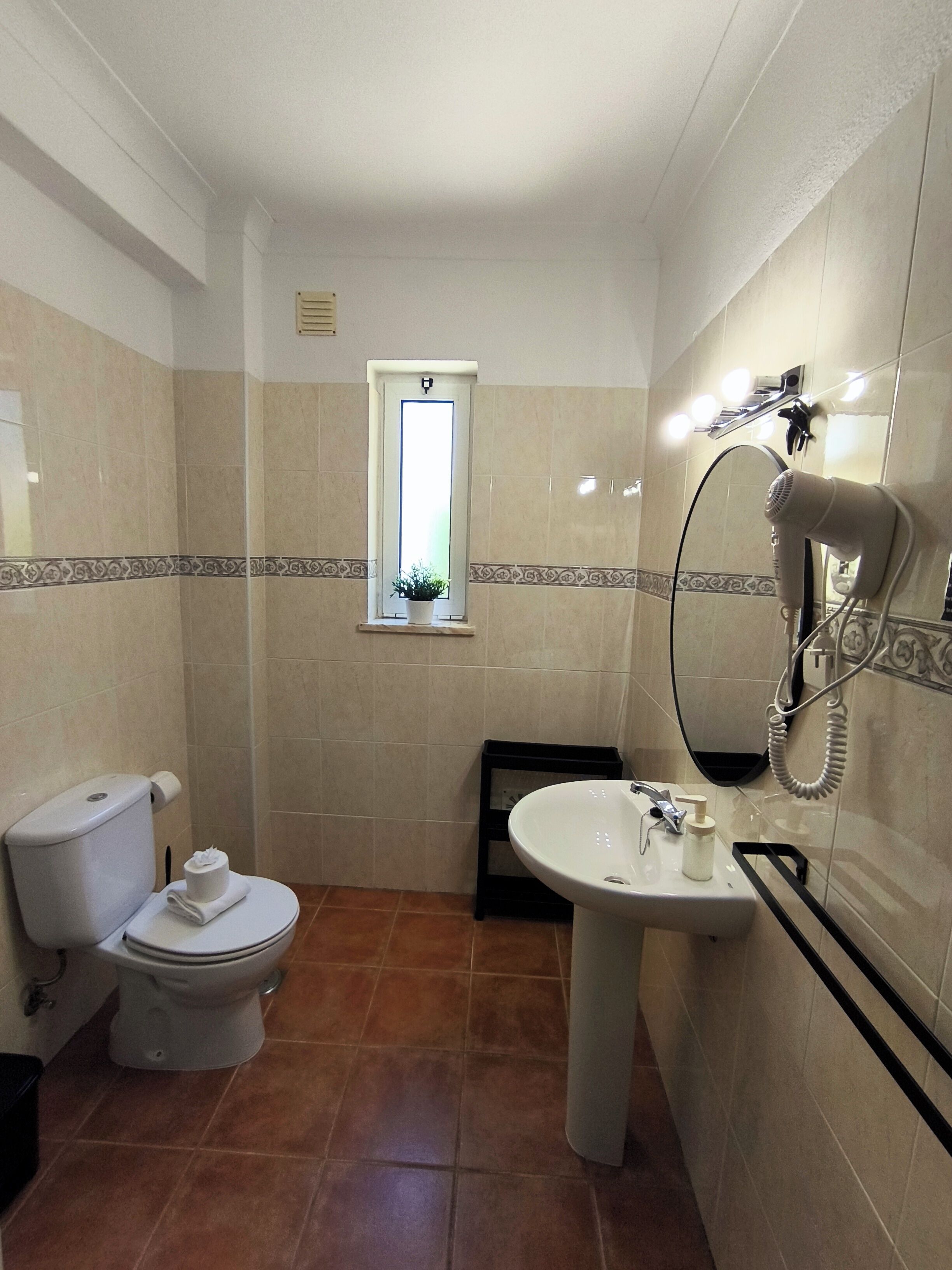 Une salle de bain équipée de toilettes, d’un lavabo et d’un sèche-cheveux fixé au mur.