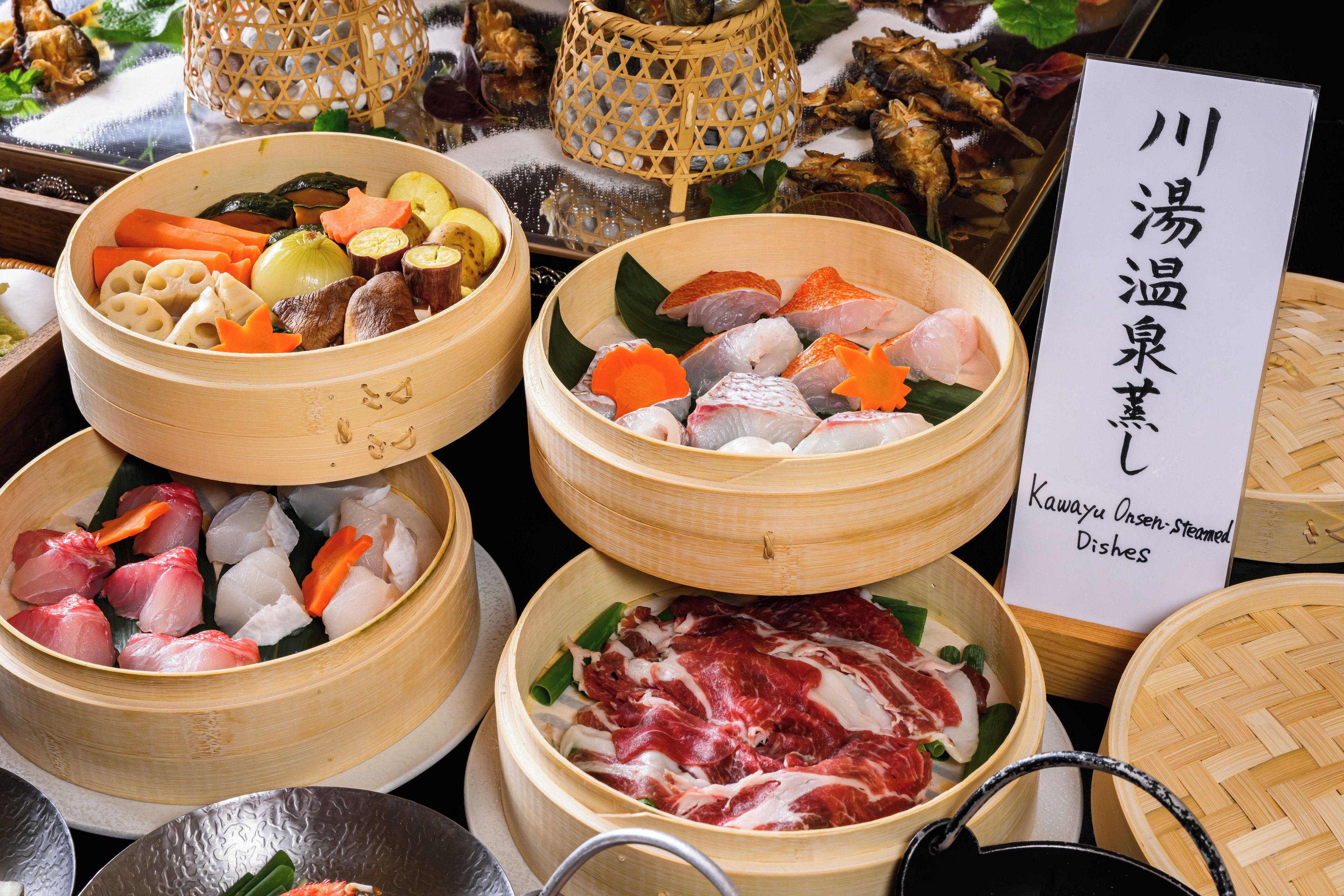 A variety of dishes in bamboo steamers, including seafood and vegetables.