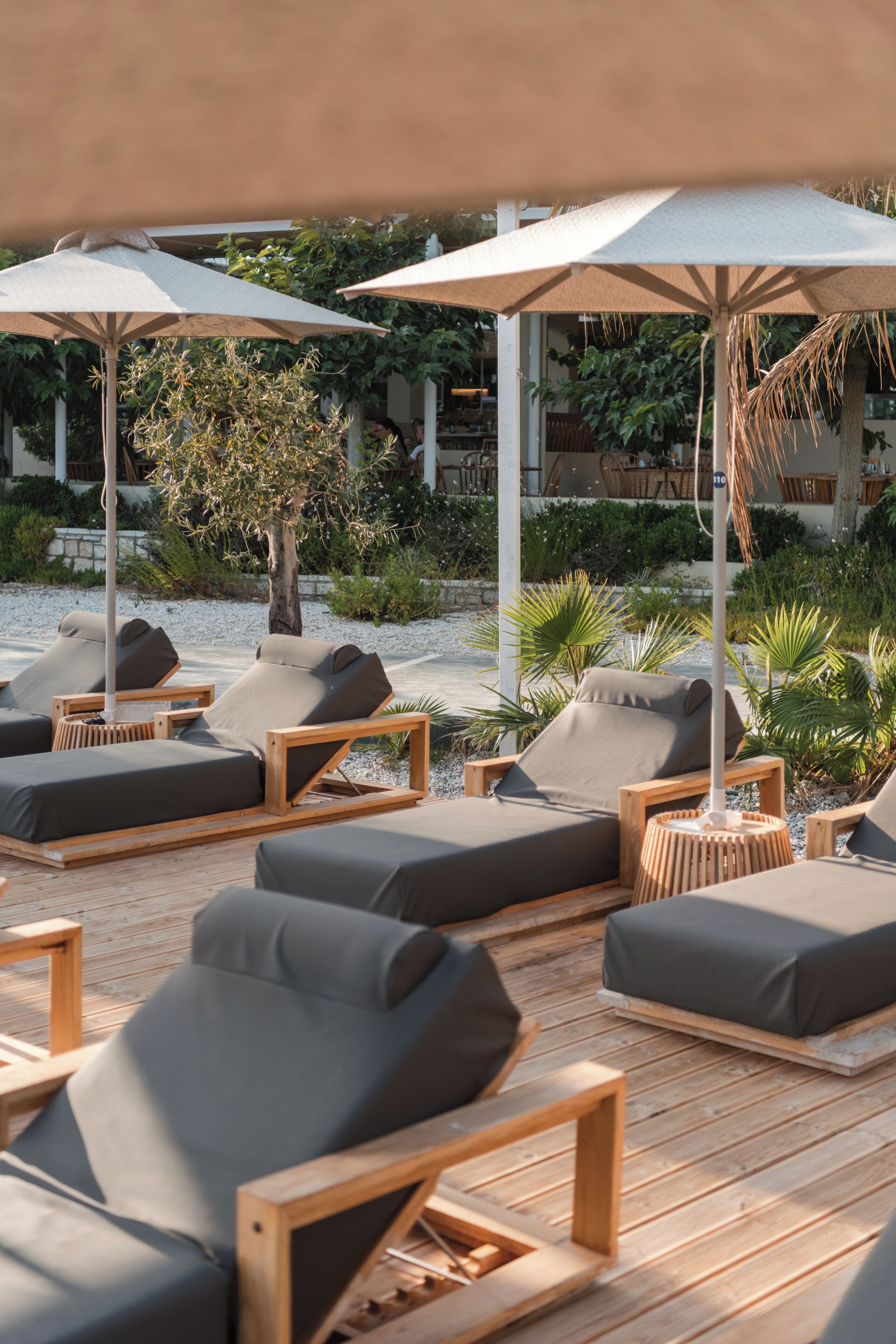 Zona de sillones de sol con tumbonas de madera y sombrillas grandes, rodeada de follaje y un edificio blanco al fondo.
