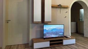 A modern living room with a flat-screen TV on a wooden stand, a door, and an arched doorway.
