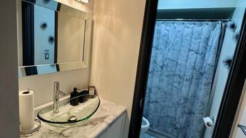 Hair dryer, towels, soap, shampoo