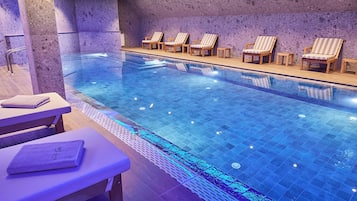 Indoor pool, open 10:00 AM to 10:00 PM, sun loungers