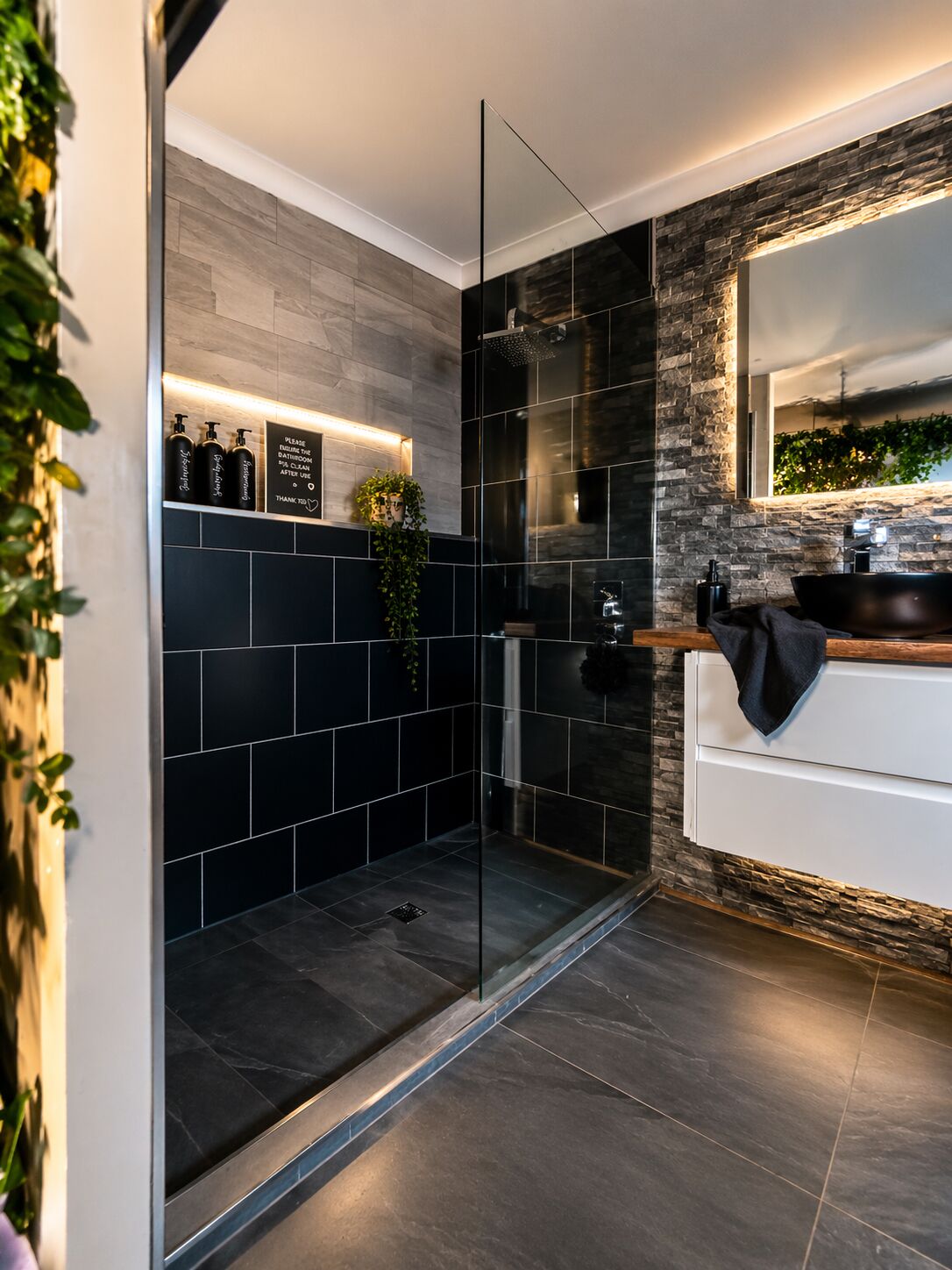Shower, towels, soap, shampoo