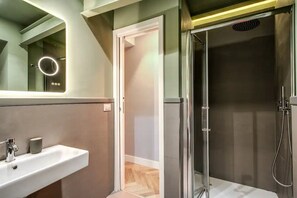 Shower, hair dryer, bidet, towels