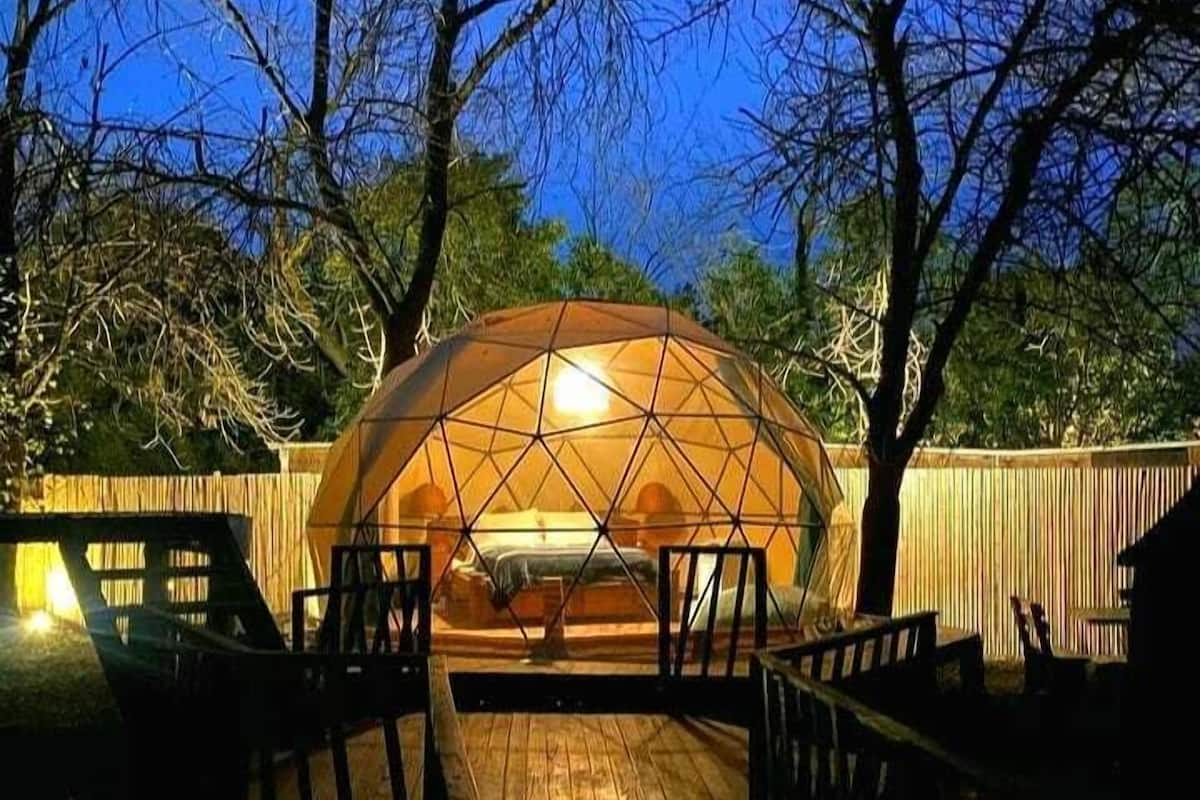 A geodesic dome structure with a wooden deck leading to it, surrounded by trees.