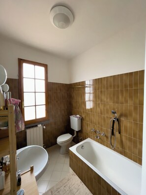 Een douche, een haardroger, een bidet, handdoeken