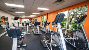 A gym with various cardio equipment, including treadmills and elliptical machines, and a large window providing a view of the outdoors.