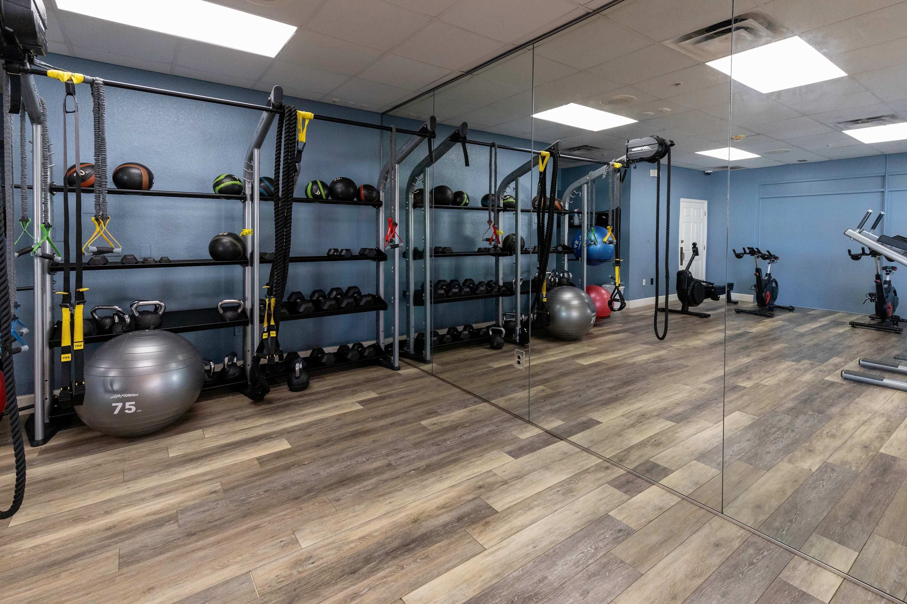 A gym with exercise equipment, a mirrored wall, and a blue wall.
