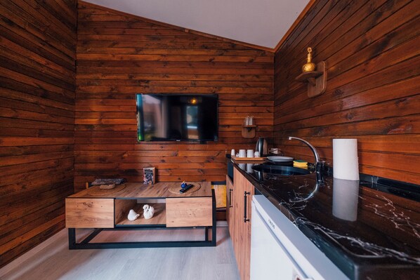 A compact kitchen with wooden walls, a flat-screen TV, a sink, and a small dining area.
