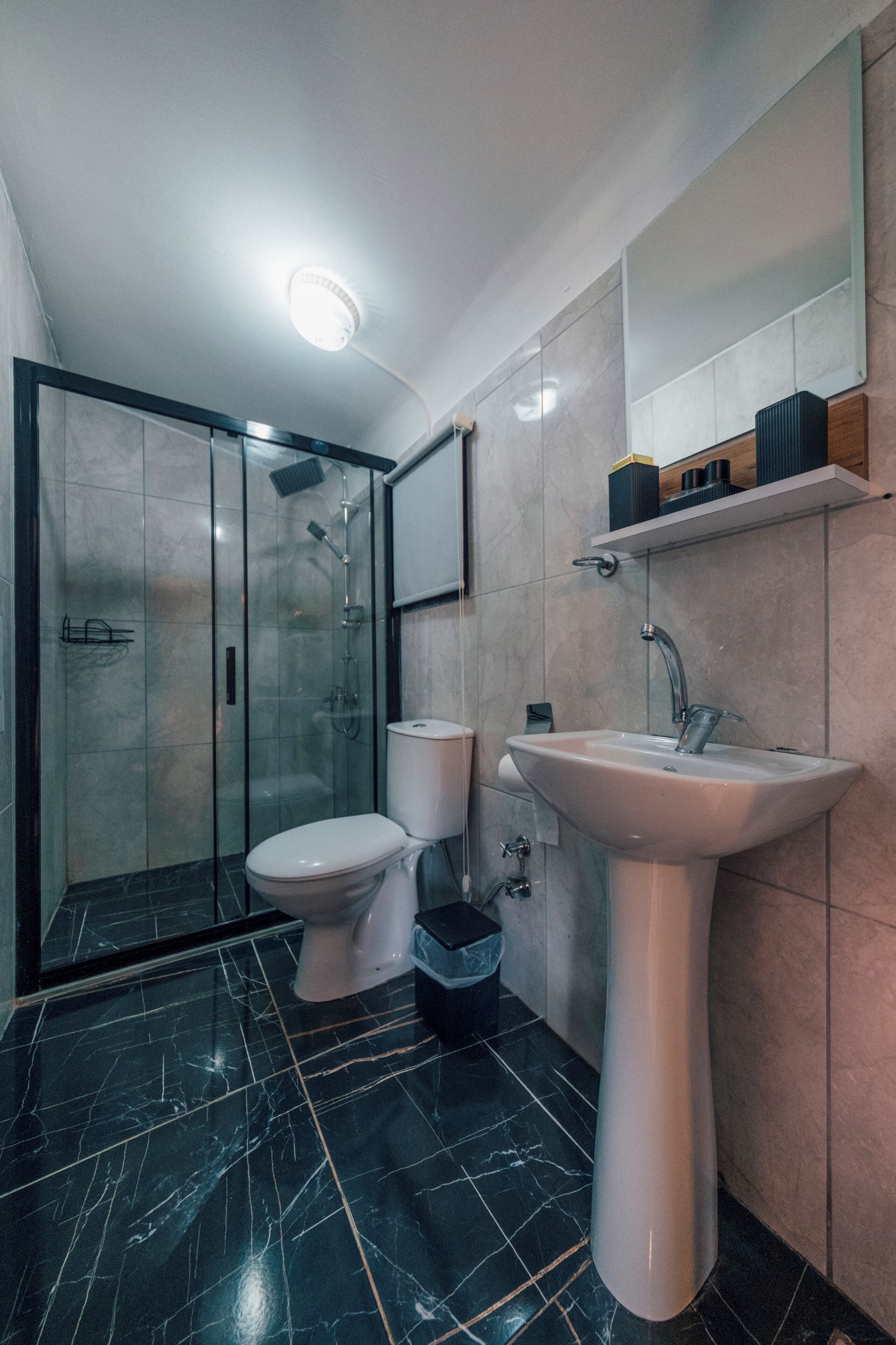 Un bany modern amb dutxa envidriada, vàter blanc i un lavabo sobre pèdia.