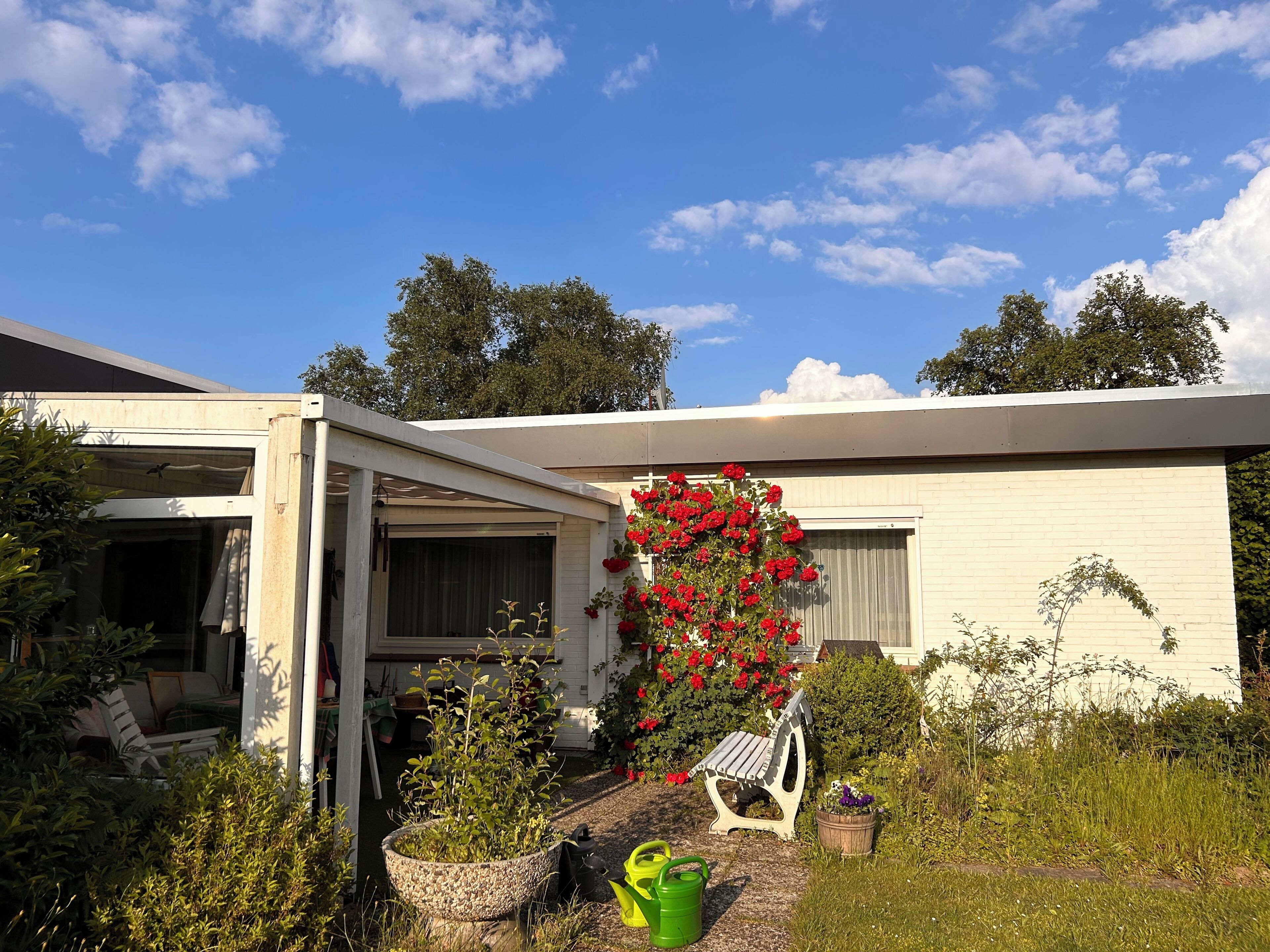 Ein Haus mit überdachter Terrasse, einem Garten mit roten Blumen und einer Bank.