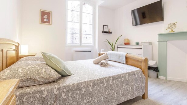 A bedroom with a bed, a TV, a window, and a fireplace.