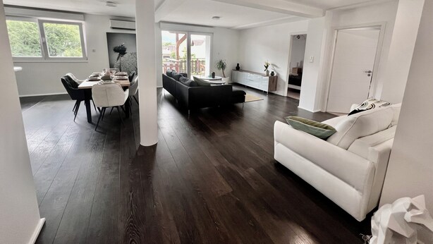 A spacious living area with a dining table, a sofa, and a white couch. - Au Coeur du Vignoble, Magnifique vue Avec Terrasse (Westhalten)