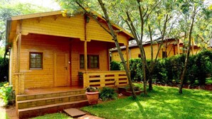 Eine Holzhütte mit Veranda, Stufen zum Eingang und einem kleinen Gartenbereich mit Bank und Topfpflanzen.