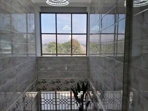 A modern room with marble walls, a large window with a view of greenery and hills, and a decorative plant in the corner.